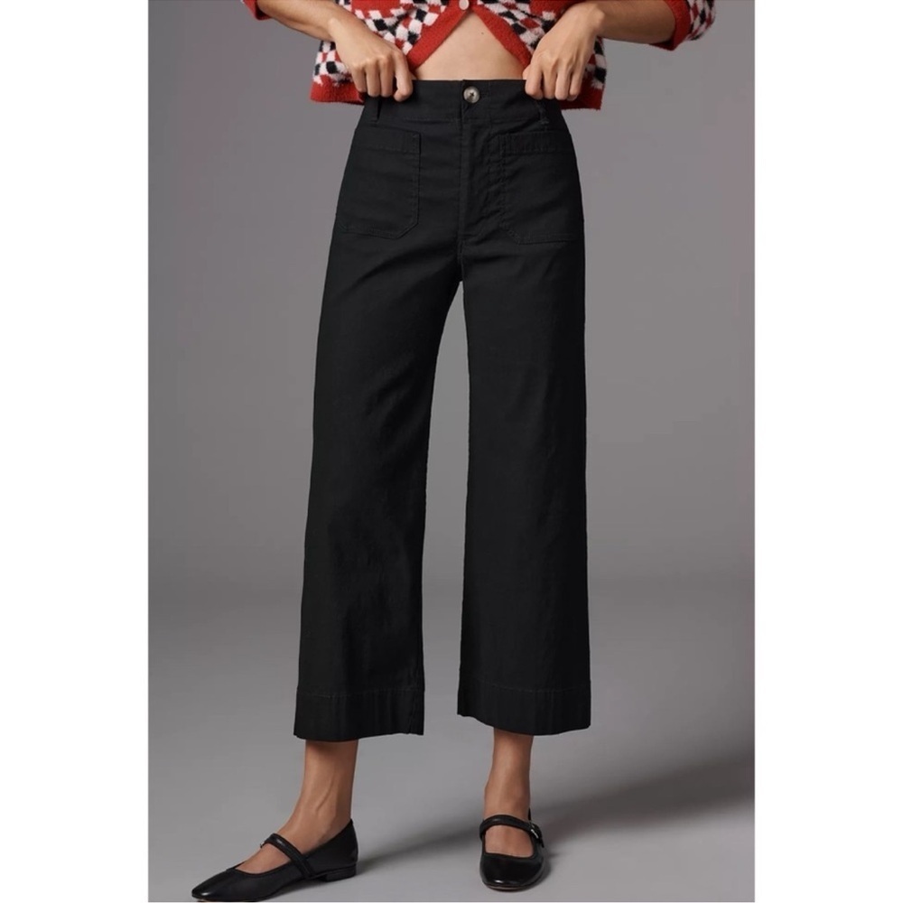 Anthropologie The Colette Linen Crop Wide Leg Pants Black 30